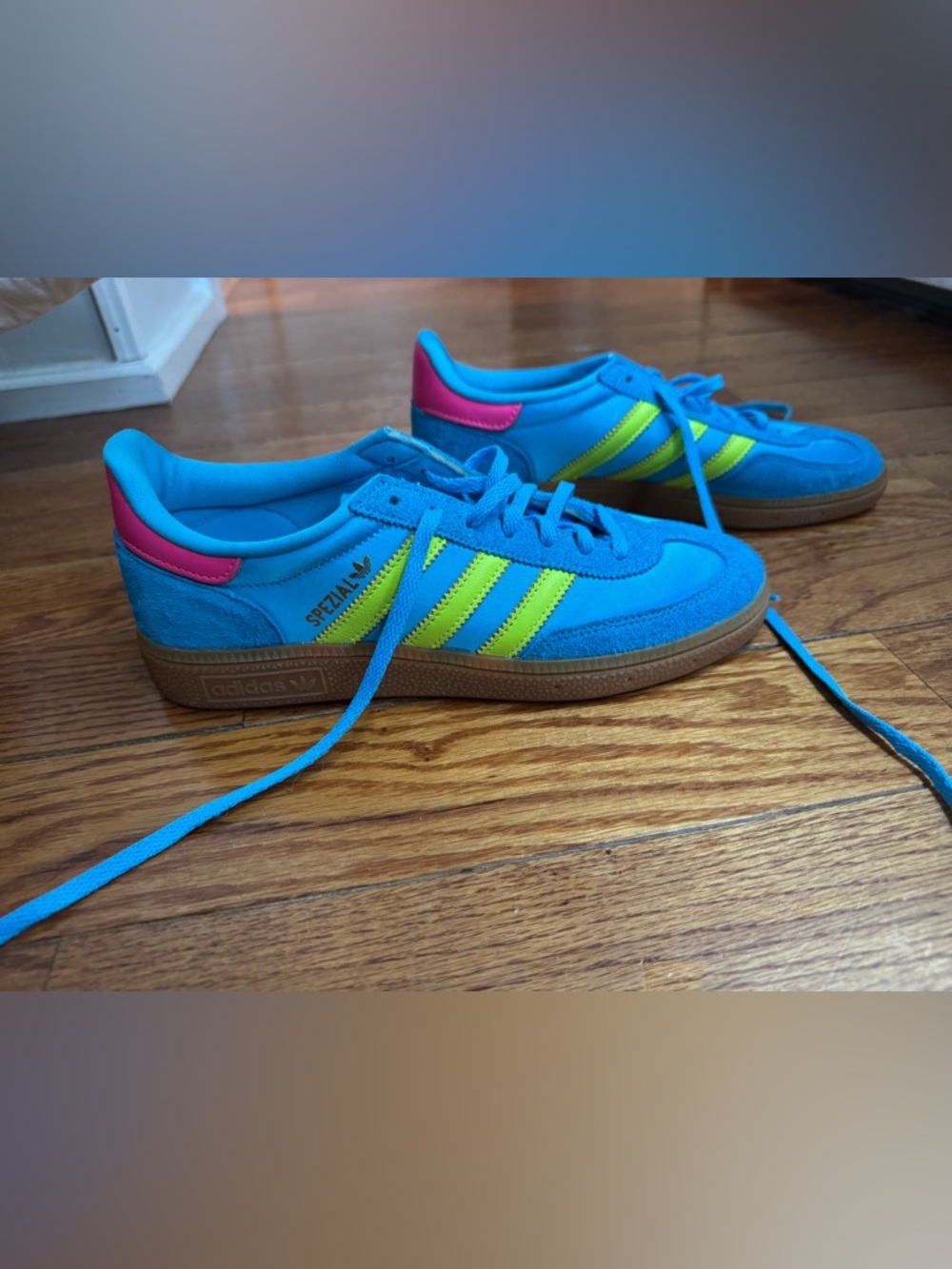 Women’s Adidas Spezial Bright Blue with Neon Green & Pink Accents Sneaker